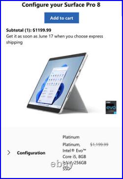Microsoft Surface Pro 8Platinum, Intel EvoT Core i5, 8GB RAM, 256GB SSD