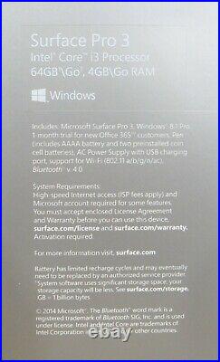 New Microsoft Surface Pro 3 1631 1.5GHz Core i3 64GB SSD 4GB Ram Windows 8.1 Pro